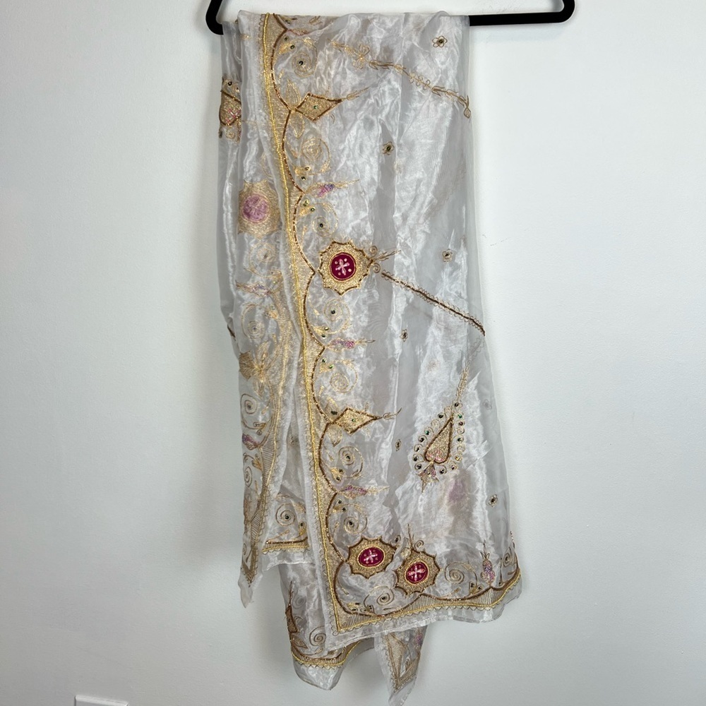 Saree Shawl with Skirt Set- Sheer pearl with sun embroidery and beading - Picture 2 of 10
